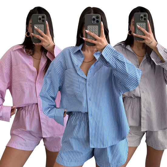 Striped Cardigan And Long-Sleeve Womens Shirt Set