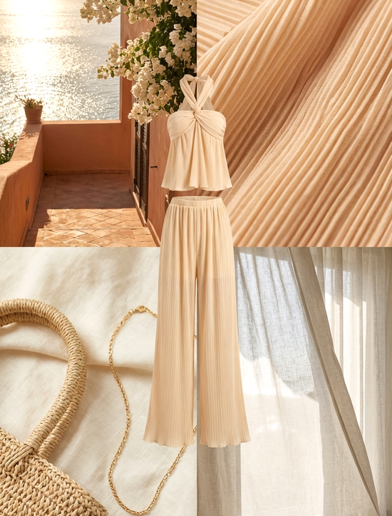 Twisted-strap Tube Top With High-waisted Pleated Wide-leg Pants