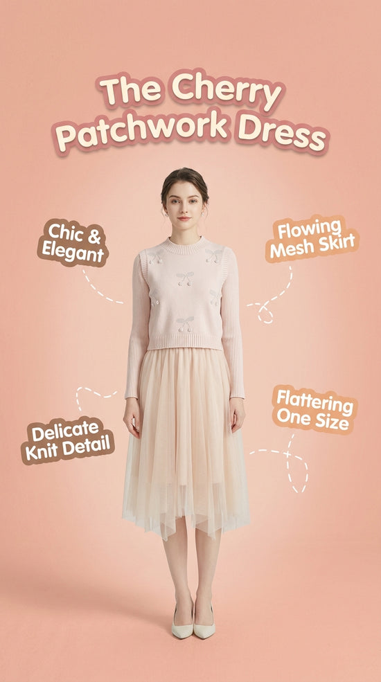 Cherry Vest Long-Sleeve Knitted Patchwork Mesh Dress