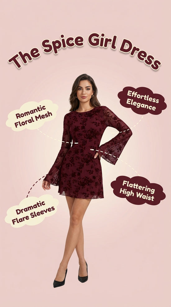 Spice Girl Mesh Flocked Crew Neck Flare-Sleeve Dress