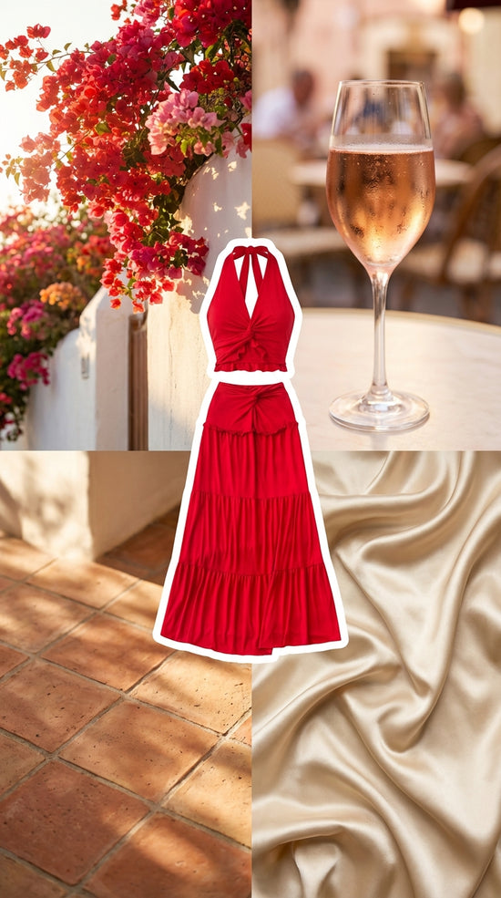 Two Pieces V-neck Halter Top With A High-waisted Skirt