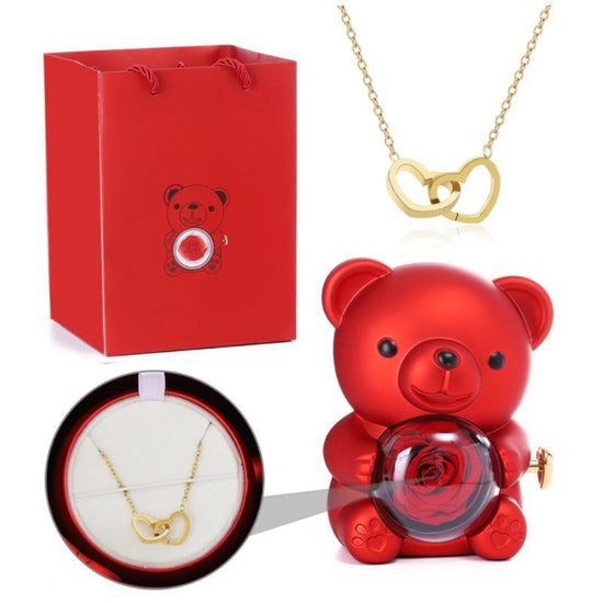 Eternal Rose Bear with Engraved Necklace Gift Set