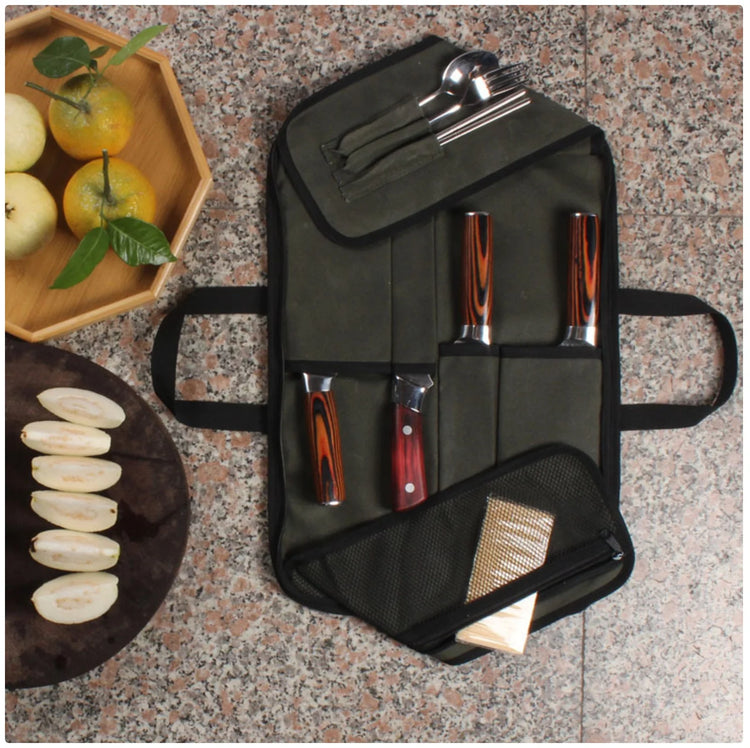 Portable Knife Roll Bag - Travel Chef Knife Storage Case with Multiple Pockets