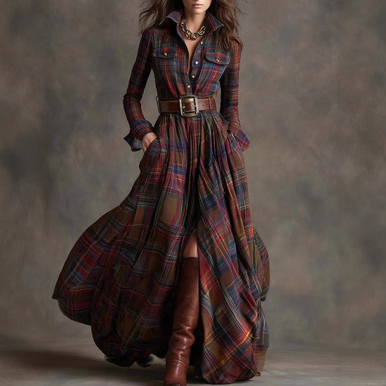 Ins Plaid Print Long-Sleeved Long Dresses