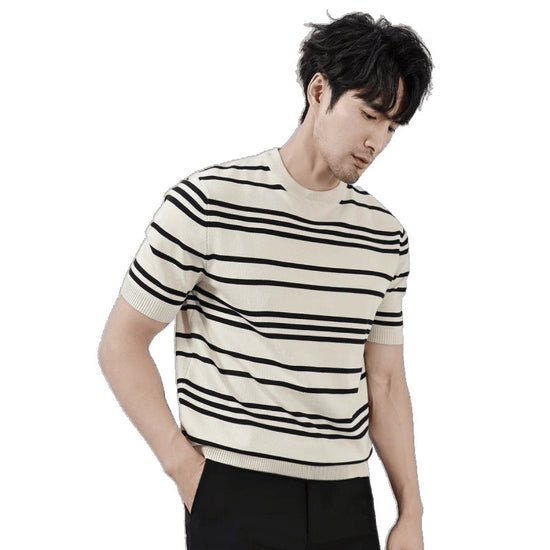 Men Knitted Ice Silk Stripes Short Sleeve T-shirt M-3XL