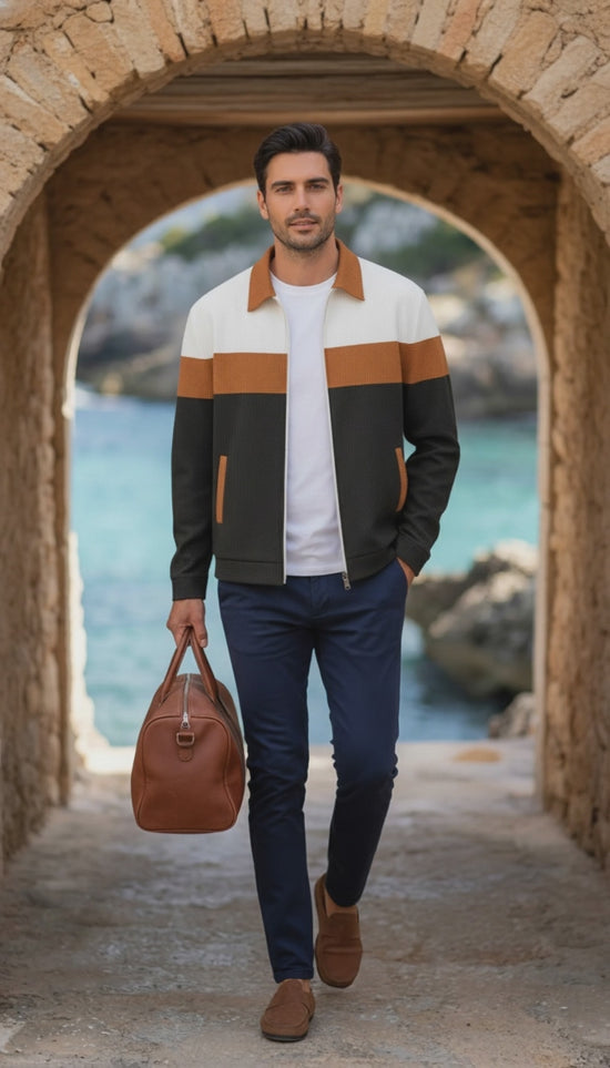 Waffle-knit Colorblock Cardigan With Zippered Pockets